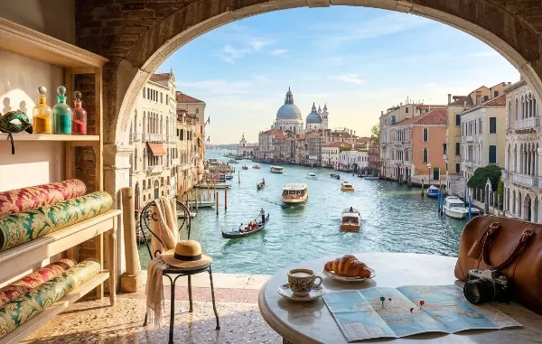 A view from a Venetian artisan workshop framed by a stone archway, overlooking the Grand Canal with gondolas and the Basilica di Santa Maria della Salute in the background. In the foreground, rolls of luxury damask fabric and glass pigments sit near a cafe table with a map and camera.