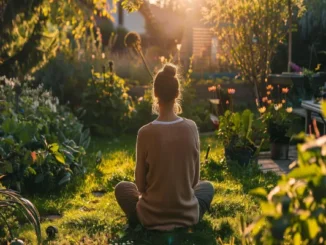 A woman sitting in a meditative cross-legged pose on a lush green lawn in a sun-drenched, well-maintained backyard garden.