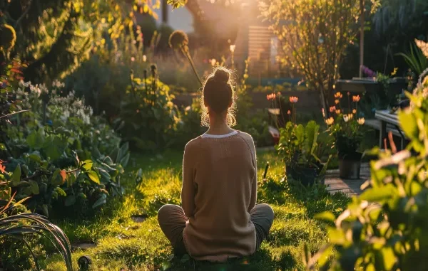 A woman sitting in a meditative cross-legged pose on a lush green lawn in a sun-drenched, well-maintained backyard garden.