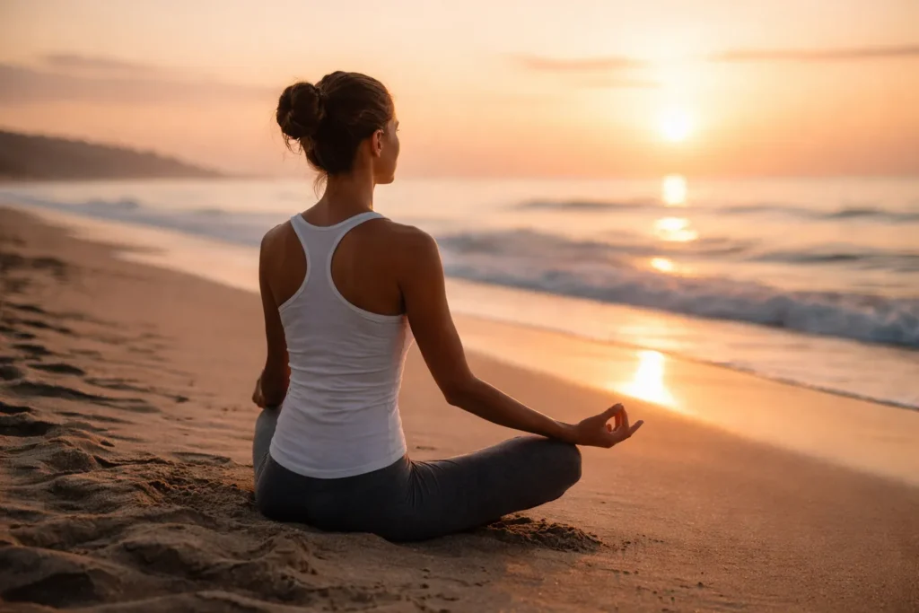 A woman sitting in a meditative cross-legged pose on a sandy beach, facing a glowing sunset over the ocean waves.