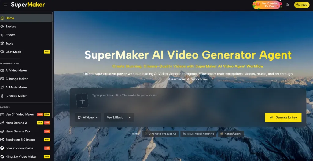 A high-tech digital workspace showing a professional AI video generation interface creating a cinematic, movie-quality landscape scene without a physical studio setup.