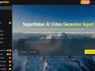 A digital creator using a futuristic AI video interface on a tablet to generate a photorealistic cinematic scene of a cyberpunk city at sunset with 4K resolution overlays.