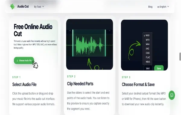 Waveform interface of a free online audio cutter showing a selected MP3 segment being trimmed without a signup.