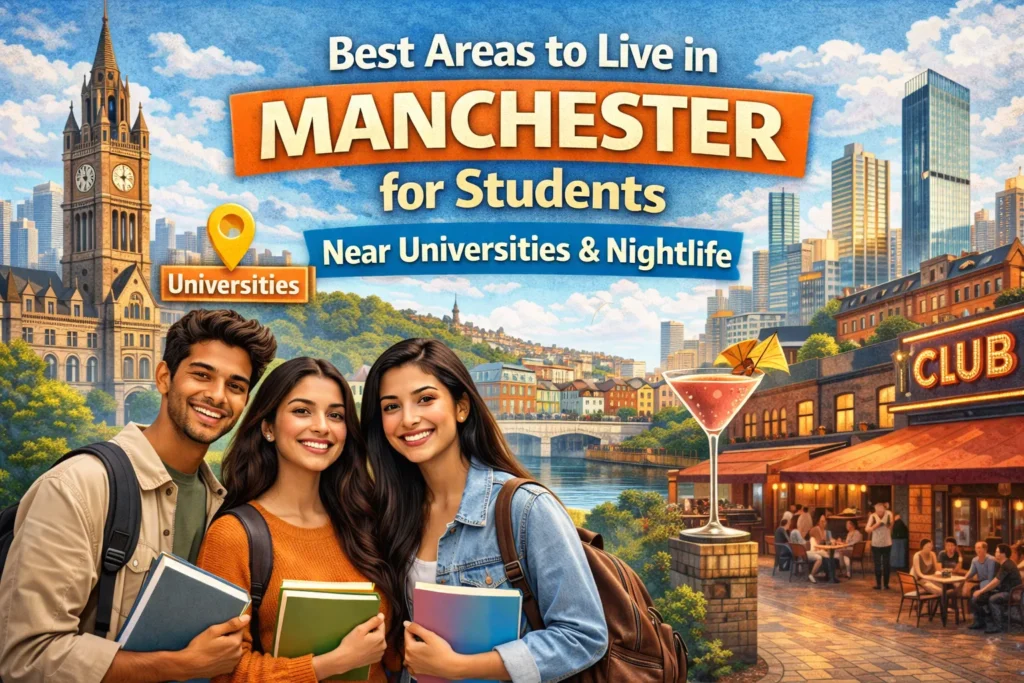 A vibrant digital illustration titled "Best Areas to Live in Manchester for Students," featuring three smiling students holding books in the foreground. The background shows a composite of Manchester landmarks, including a historic clock tower (Town Hall style), a modern city skyline, a river with a stone bridge, and a lively outdoor club and bar scene with people dining and a large cocktail glass.