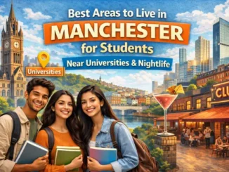Three smiling students holding books in front of a Manchester-inspired cityscape featuring a clock tower, a river, and a lively outdoor club with a giant cocktail glass.