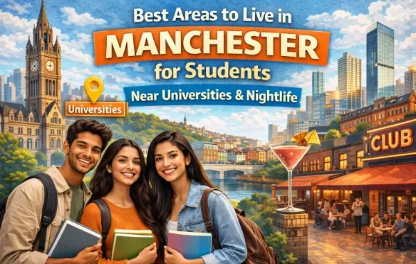 Three smiling students holding books in front of a Manchester-inspired cityscape featuring a clock tower, a river, and a lively outdoor club with a giant cocktail glass.