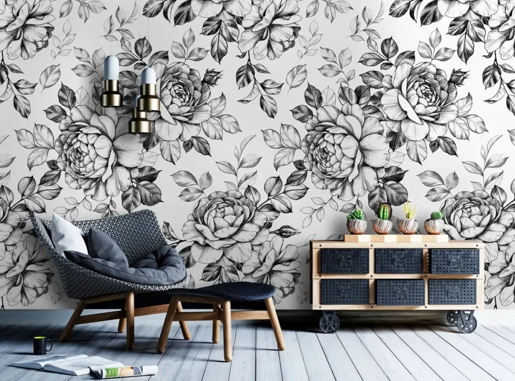Black and white floral wallpaper idea for a stylish living room featuring a sketch-style rose pattern.