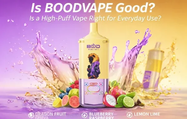 Promotional image for the BOODVAPE MIXR 7-in-1, featuring a yellow and purple disposable vape device with a lion mascot. The device is surrounded by splashing liquid and fresh fruits like dragon fruit, guava, blueberries, and lime, with the headline "Is BOODVAPE Good? Is a High-Puff Vape Right for Everyday Use?