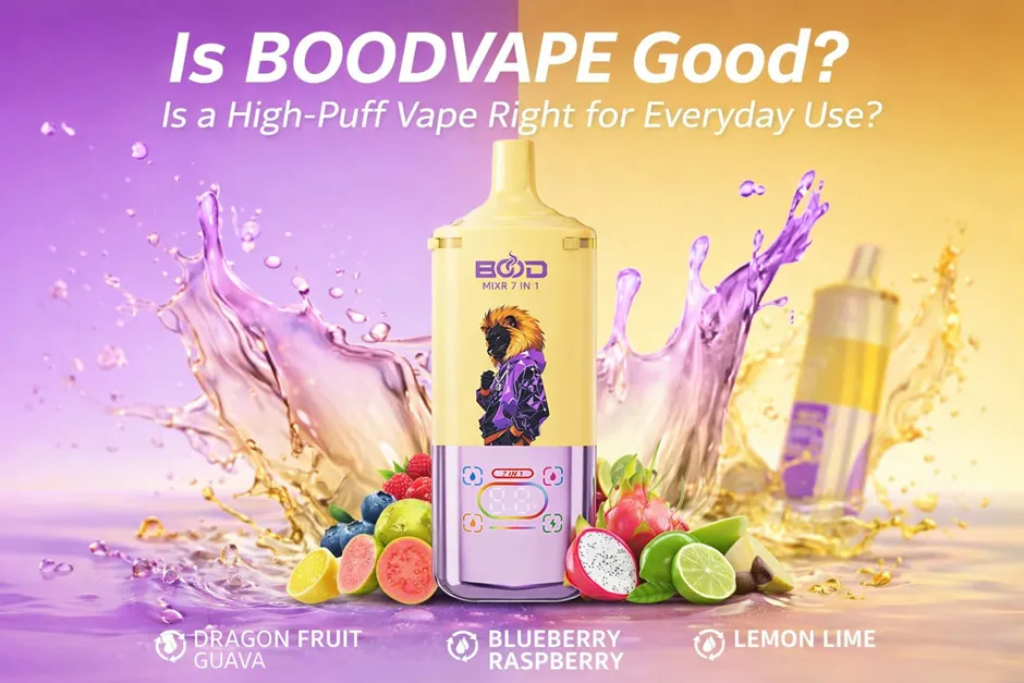 A BOD MIXR 7 in 1 disposable vape device centered between vibrant splashes of purple and yellow liquid. The device features a cartoon lion wearing a hoodie and a digital puff counter. Surrounding the base are fresh fruits including dragon fruit, guava, blueberries, raspberries, and lime.