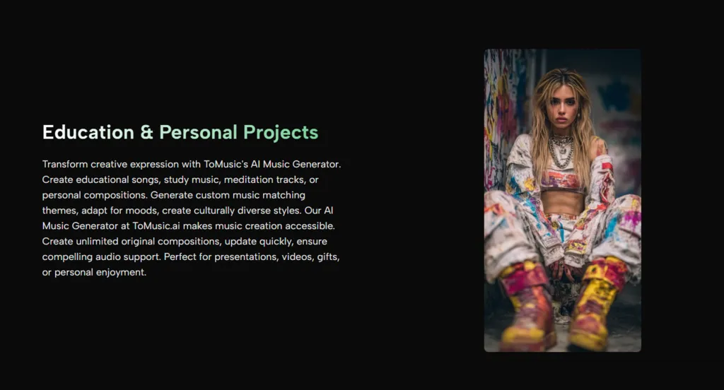 A screenshot of a webpage section titled "Education & Personal Projects" from ToMusic.ai, describing how an AI music generator can be used to create original compositions for presentations, videos, and personal enjoyment. The layout includes a descriptive paragraph and a portrait of a person in paint-splattered clothing.
