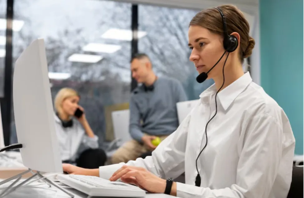 Professional female agent using a headset and computer in a modern inbound call center office environment.