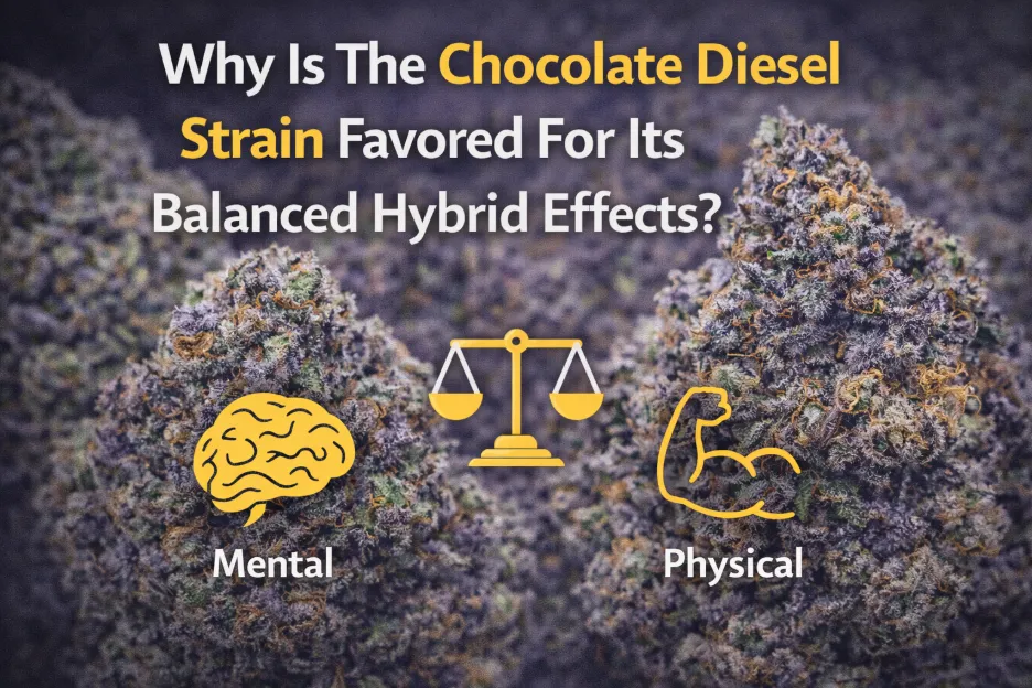 A graphic featuring Chocolate Diesel cannabis buds with icons representing mental focus and physical relaxation, highlighting its balanced hybrid nature.