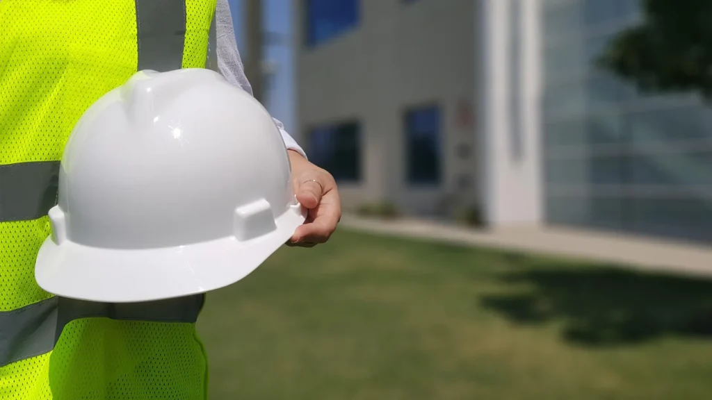 A construction professional in a high-visibility neon yellow safety vest holding a white hard hat, standing in front of a modern building project.