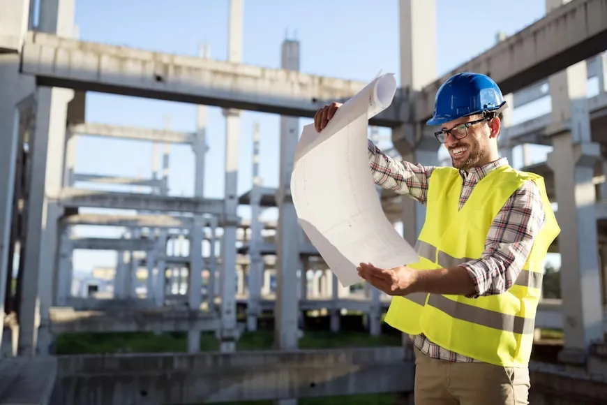 construction site engineer looking at construction plan