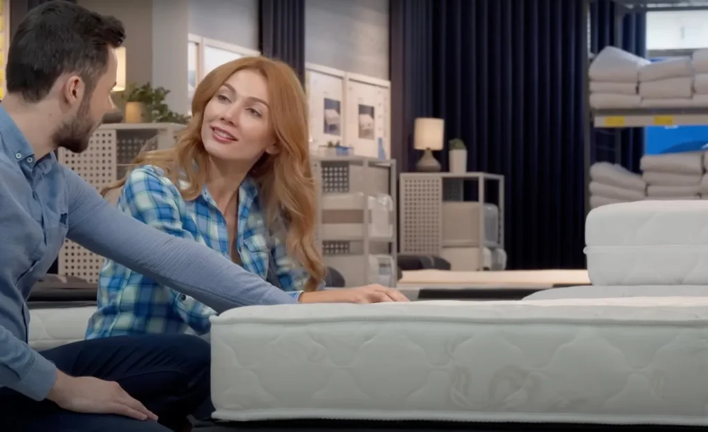 A couple testing the firmness and quality of a new mattress in a retail store showroom to find long-term sleep support.
