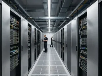Two IT professionals in a modern data center aisle inspecting server racks, representing corporate control over data infrastructure.