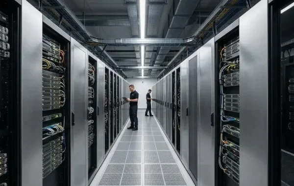 Two IT professionals in a modern data center aisle inspecting server racks, representing corporate control over data infrastructure.