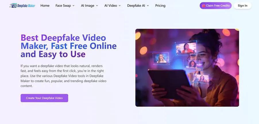 Homepage of Deepfake Maker website featuring a woman using a tablet with floating digital video displays, with text reading "Best Deepfake Video Maker, Fast Free Online and Easy to Use."