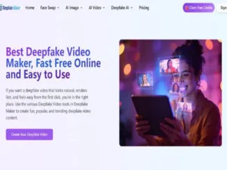 Screenshot of the Deepfake Maker website homepage featuring the headline "Best Deepfake Video Maker, Fast Free Online and Easy to Use" alongside an illustrative graphic of a woman using a tablet with floating video frames.