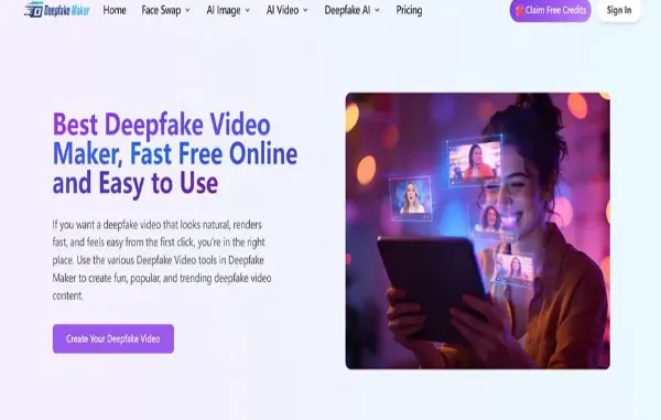 Screenshot of the Deepfake Maker website homepage featuring the headline "Best Deepfake Video Maker, Fast Free Online and Easy to Use" alongside an illustrative graphic of a woman using a tablet with floating video frames.