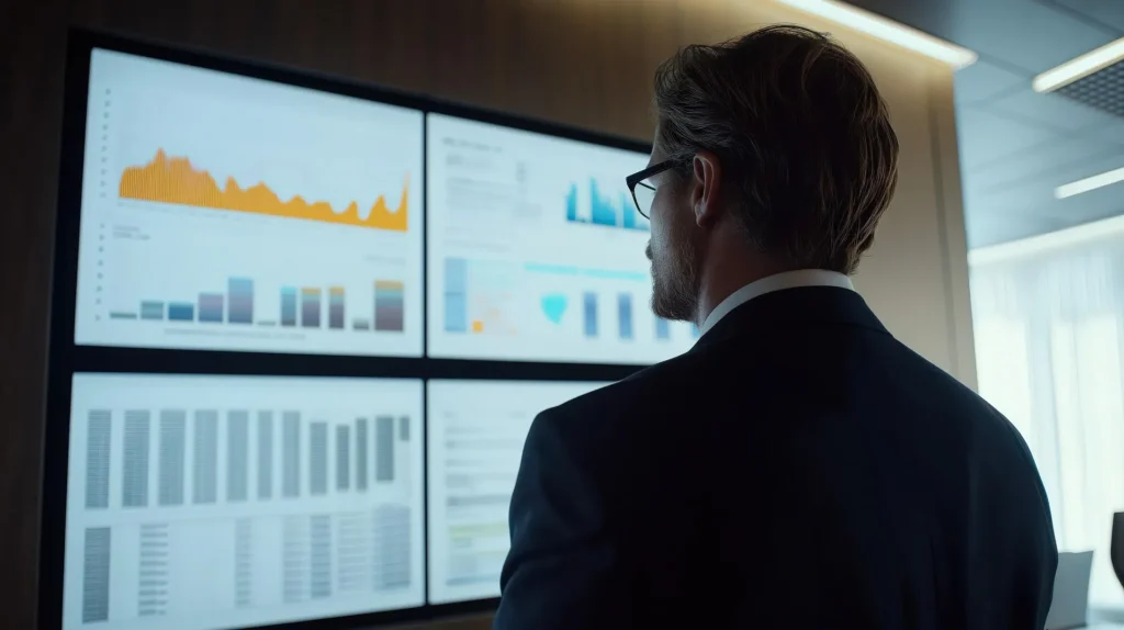 A businessman in a suit looking at a large digital dashboard containing multiple screens of data visualizations, including line graphs and bar charts, representing demand forecasting and supply chain analytics to reduce food waste.