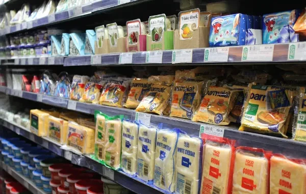 A fully stocked refrigerator shelf in a grocery store featuring various brands of packaged cheese including Parmalat, White Rock, and Food Lover's. The image illustrates high inventory levels where demand forecasting is essential to prevent food waste.