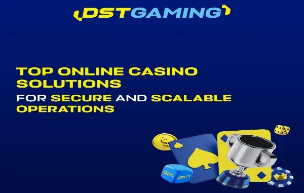 Promotional graphic for DSTGAMING featuring the text "Top Online Casino Solutions for Secure and Scalable Operations" with 3D casino icons like dice, cards, and a trophy.