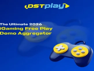 DSTplay promotional graphic for The Ultimate 2026 iGaming Free Play Demo Aggregator featuring a 3D blue and yellow game controller on a blue background.