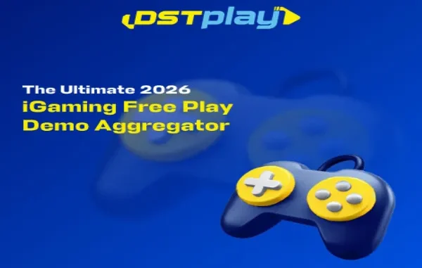 DSTplay promotional graphic for The Ultimate 2026 iGaming Free Play Demo Aggregator featuring a 3D blue and yellow game controller on a blue background.