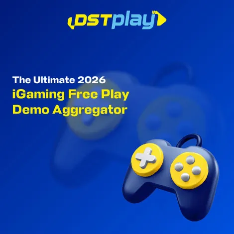 DSTplay 2026 iGaming free play demo aggregator graphic featuring a 3D blue and yellow gaming controller.