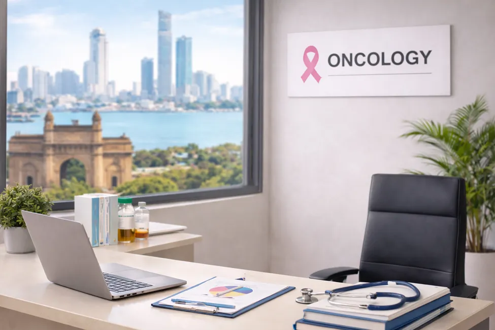 An oncology doctor's office featuring a desk with a stethoscope and medical charts, with a pink breast cancer awareness ribbon and the word "ONCOLOGY" on the wall. A large window overlooks the Gateway of India and the Mumbai skyline.