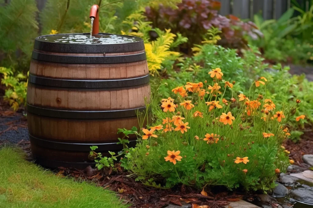 A wooden rain barrel with water pouring from a copper spout into its top, nestled in a lush garden next to vibrant orange wildflowers and green foliage.