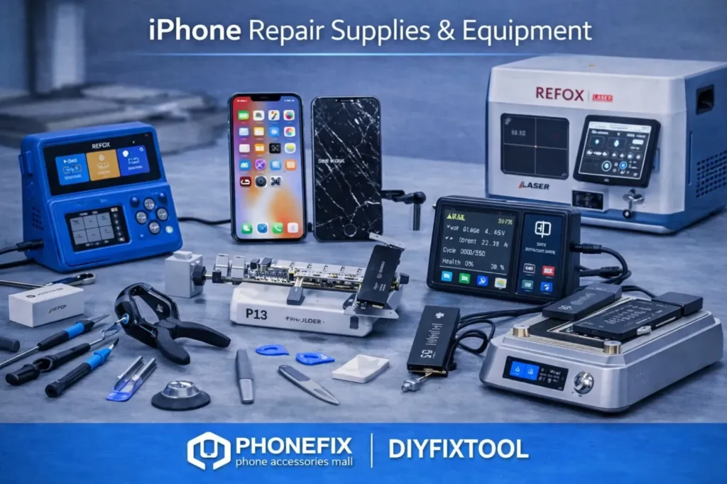 A comprehensive collection of professional iPhone repair equipment and supplies laid out on a workbench. The image features a Refox laser machine, a P13 hard disk programmer, a digital multimeter, specialized screwdrivers, suction cups, and prying tools alongside a cracked iPhone and a repaired iPhone.