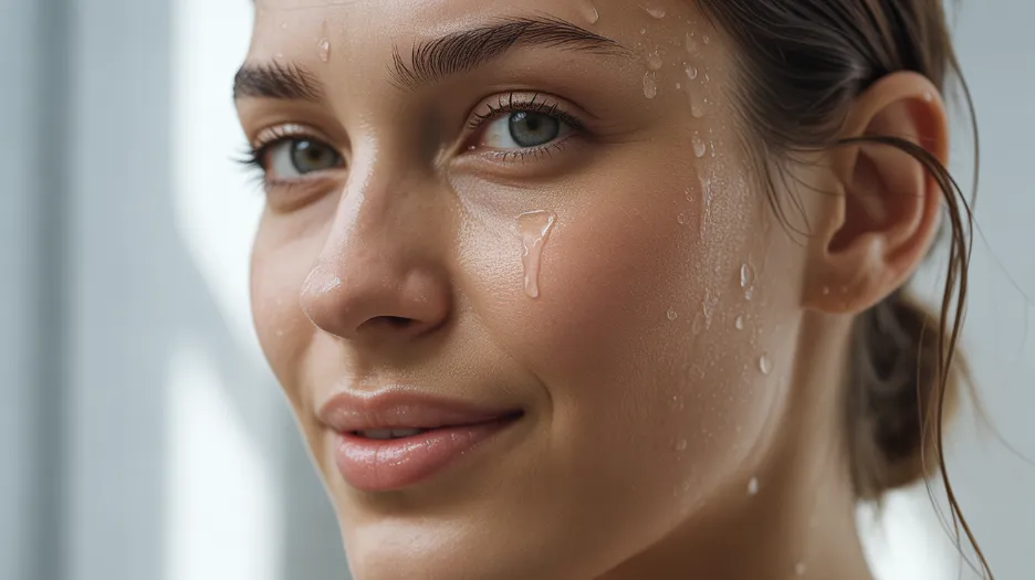 Close-up of a woman’s face with glowing, dew-covered skin illustrating optimal hydration and moisture retention.