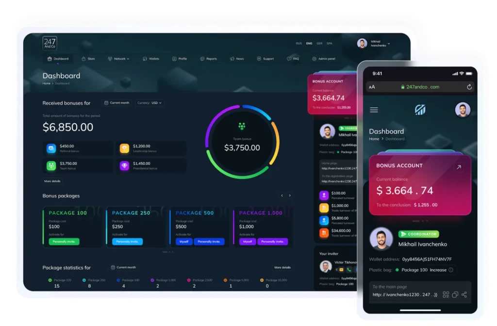 A high-fidelity UI/UX mockup of the FlawlessMLM dashboard displayed on a desktop and smartphone. The dark-themed interface features colorful data visualizations, including a $3,664.74 bonus account balance, team performance metrics, and tiered bonus packages, illustrating comprehensive marketing automation for network marketing.