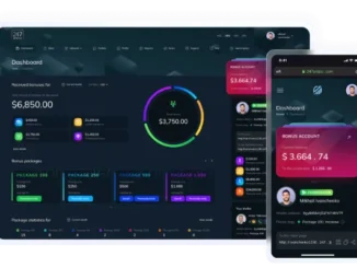 A dark-themed, modern MLM dashboard UI showing real-time bonus statistics, distributor packages, and a mobile-responsive interface for 247 And Co.