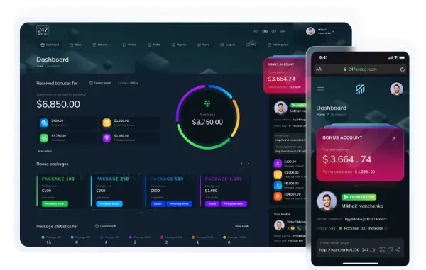 A dark-themed, modern MLM dashboard UI showing real-time bonus statistics, distributor packages, and a mobile-responsive interface for 247 And Co.