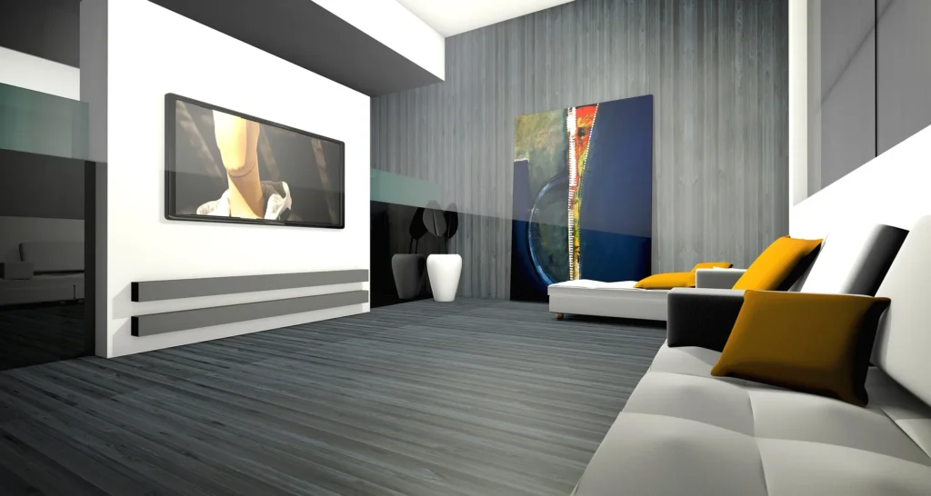 A high-end, modern living room with gray wood-paneled walls, white minimalist furniture, and a large wall-mounted screen, showcasing the immersive quality of virtual tours in real estate marketing.