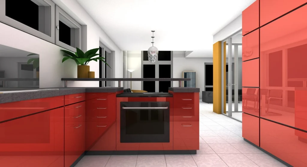 A high-end 3D virtual render of a modern kitchen featuring vibrant red cabinetry, dark countertops, and an open-concept layout, demonstrating the quality of immersive digital tours in real estate marketing.