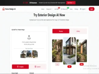 Screenshot of the Home Design AI web interface showing a house exterior being transformed from an original photo into modern 'Pro' and 'Basic' architectural styles.