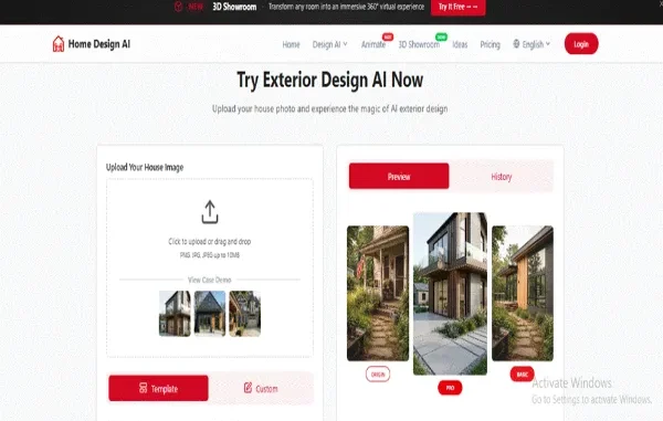 Screenshot of the Home Design AI web interface showing a house exterior being transformed from an original photo into modern 'Pro' and 'Basic' architectural styles.