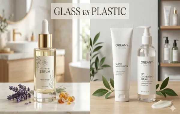 A split-screen comparison showing a premium gold-capped glass serum bottle on a marble surface next to white plastic cosmetic tubes and pump bottles on a wooden surface.