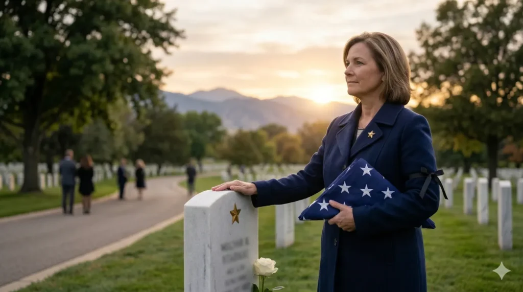 A woman stands in a national cemetery at sunset, her hand resting gently on a white marble headstone marked with a gold star. She wears a navy coat with a black mourning armband and cradles a folded American flag against her chest. In the background, rolling mountains and other mourners are visible under a warm, fading light.
