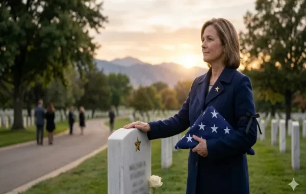 A woman in a blue coat stands at a military cemetery during sunset, holding a folded American flag and resting her hand on a white headstone marked with a gold star.