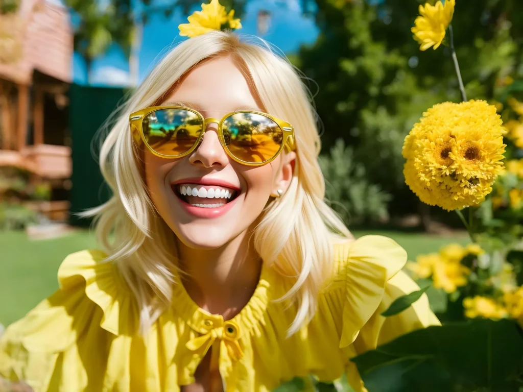 A smiling blonde woman wearing yellow sunglasses and a yellow ruffled blouse stands in a lush green backyard surrounded by bright yellow flowers.