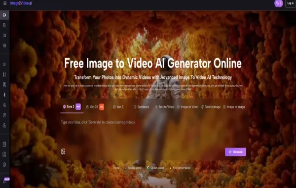 A screenshot of the Image2Video.ai web interface featuring an astronaut in a surreal floral tunnel, showcasing AI model options like Sora 2 and Veo 3.1 for transforming static photos into dynamic videos.