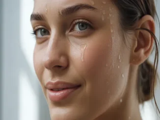 Close-up of a woman’s face with glowing, hydrated skin and clear water droplets on her cheek and temple.