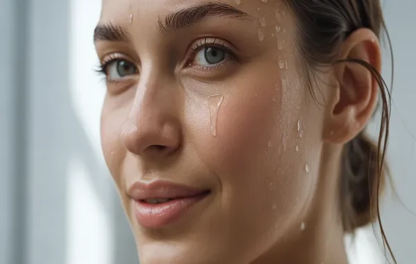 Close-up of a woman’s face with glowing, hydrated skin and clear water droplets on her cheek and temple.