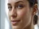 Close-up of a woman’s face with glowing, hydrated skin and clear water droplets on her cheek and temple.
