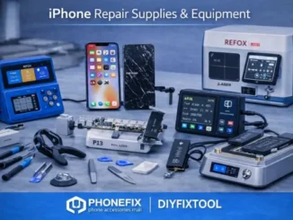 A collection of professional iPhone repair tools including a Refox laser machine, P13 programmer, suction clamps, screwdrivers, and two iPhones—one with a shattered screen and one repaired.